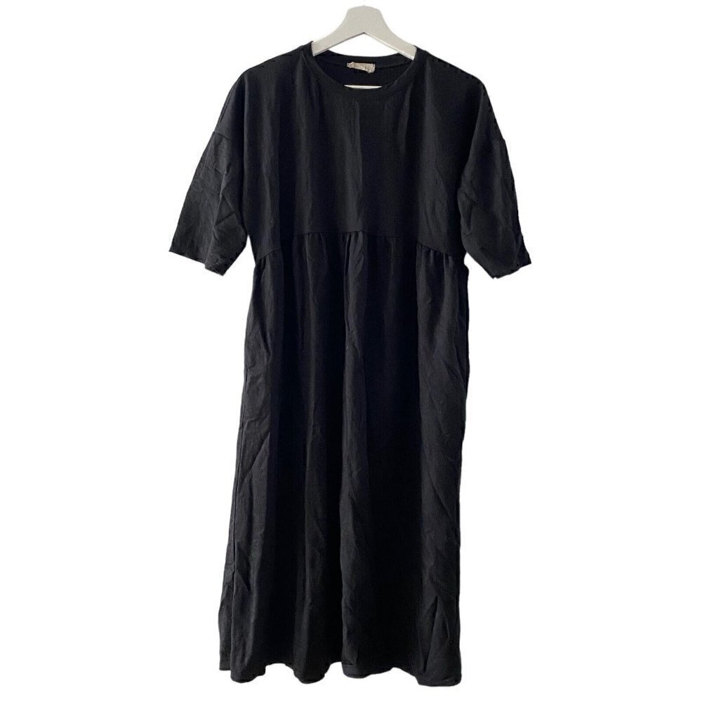 Roolee Black Empire Waist Midi Dress Black Knit Comfy Peasant Boho Size Small